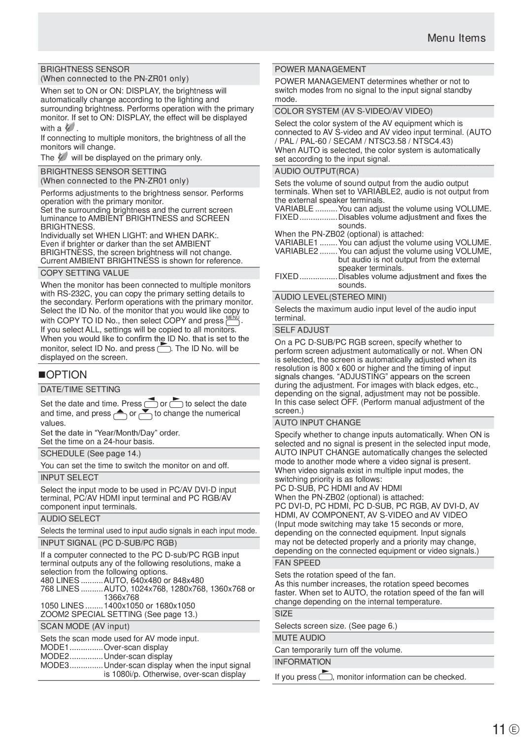 Sharp PN-V601 manual 11 E, Noption, Menu Items 