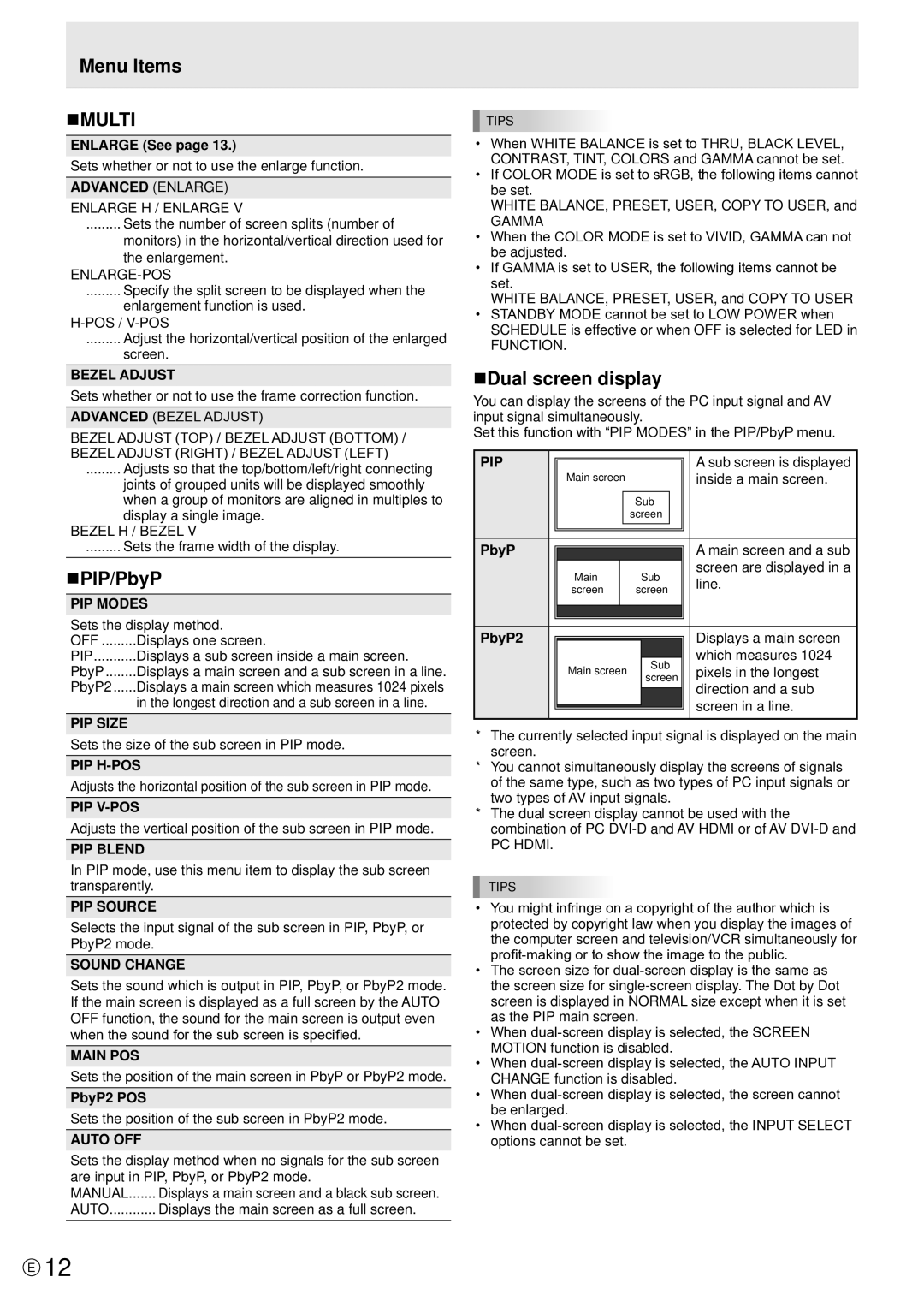 Sharp PN-V601 manual Menu Items NMULTI, NPIP/PbyP, NDual screen display 