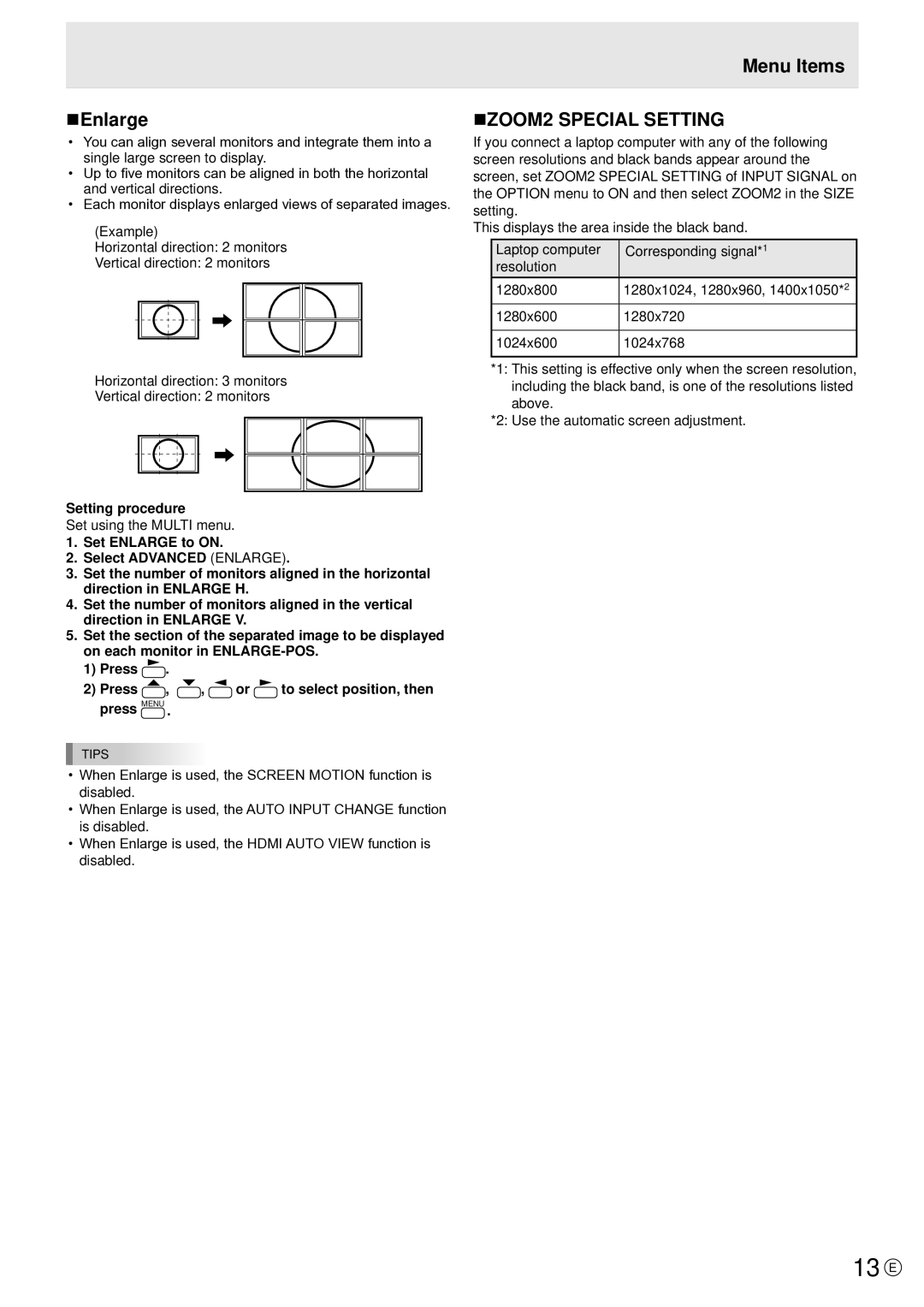 Sharp PN-V601 manual 13 E, NEnlarge, Menu Items NZOOM2 Special Setting, Setting procedure, Set using the Multi menu 