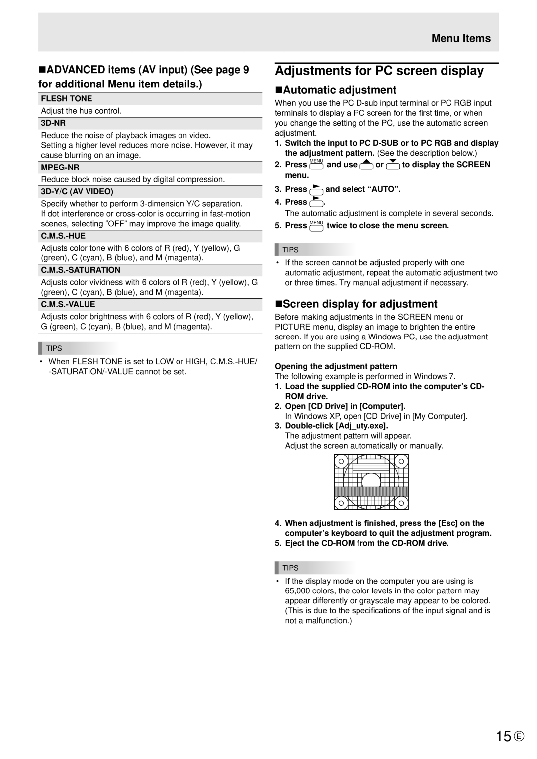 Sharp PN-V601 manual 15 E, Adjustments for PC screen display, NAutomatic adjustment, NScreen display for adjustment 