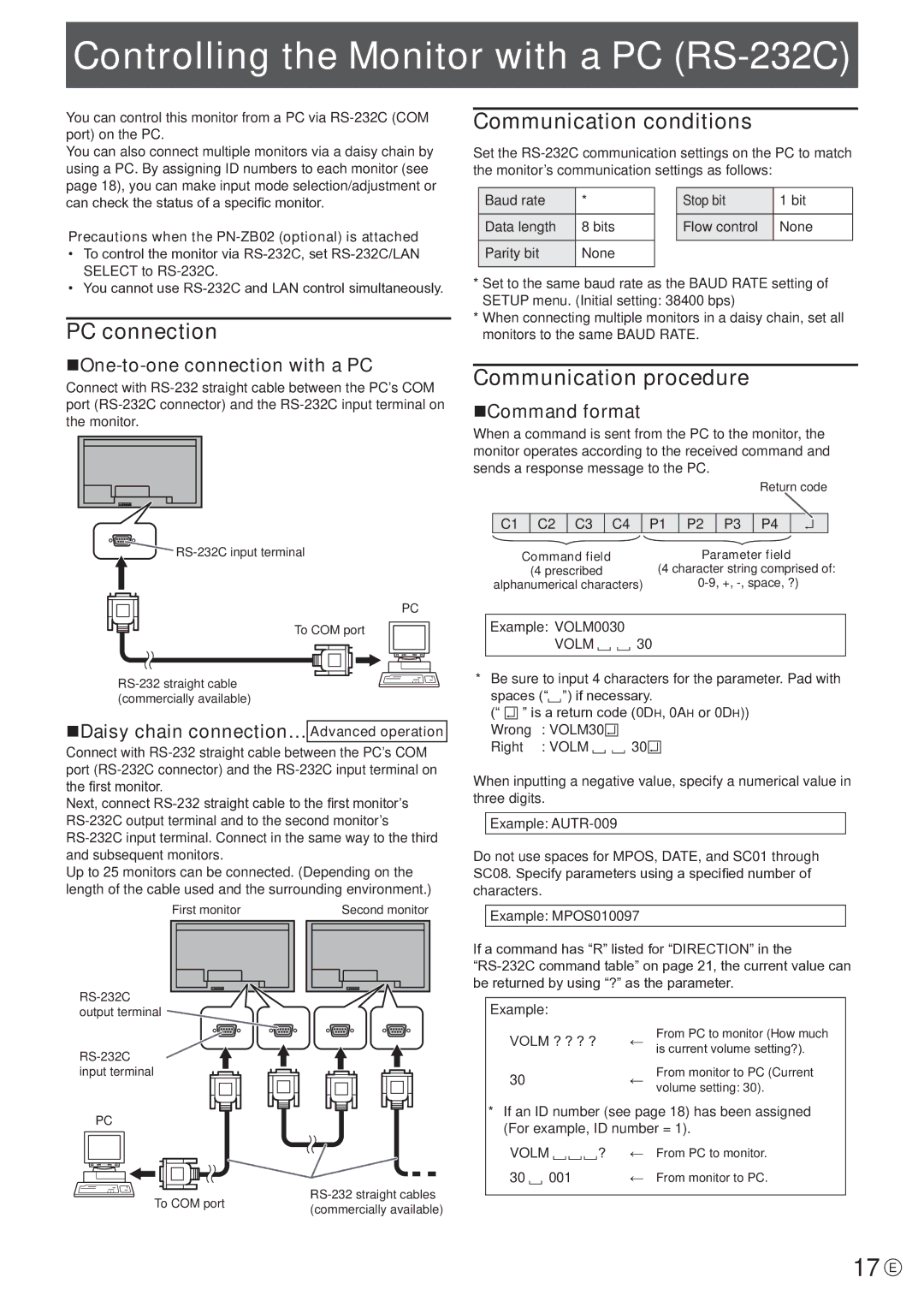 Sharp PN-V601 manual Controlling the Monitor with a PC RS-232C, 17 E, PC connection, Communication conditions 