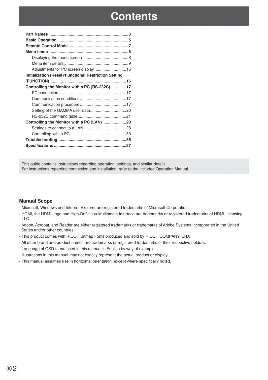 Sharp PN-V601 manual Contents 