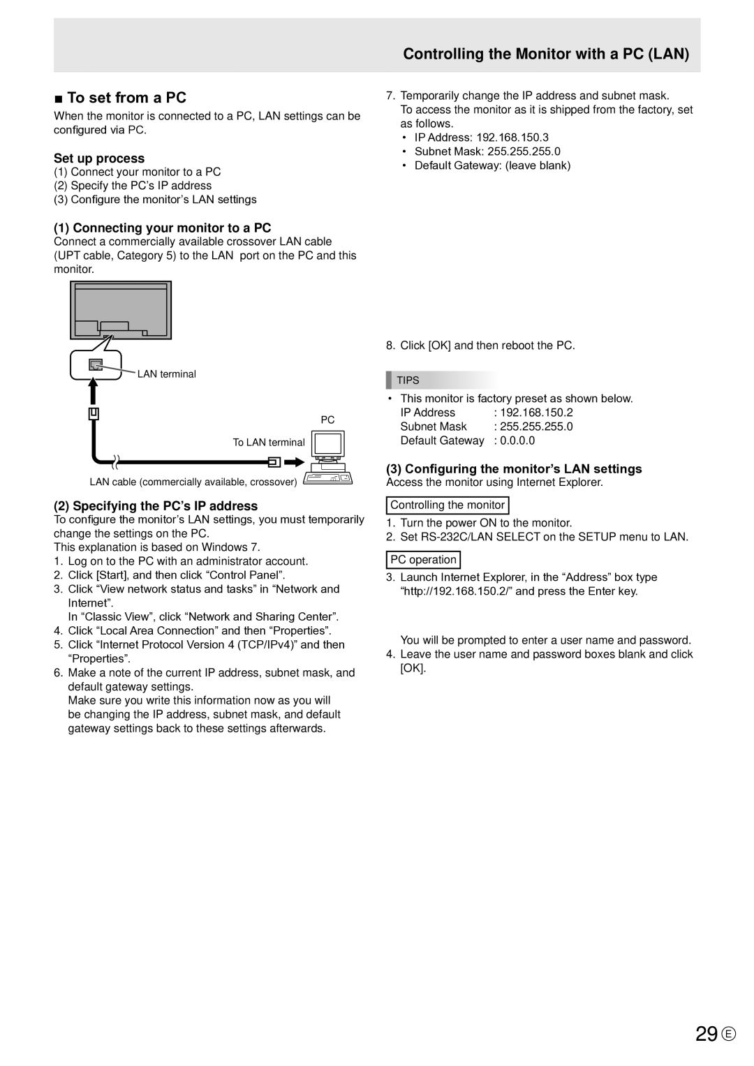 Sharp PN-V601 manual 29 E, To set from a PC, Controlling the Monitor with a PC LAN, Default Gateway 0.0 