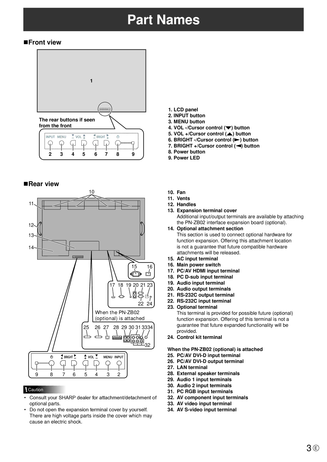 Sharp PN-V601 manual Part Names, NFront view, NRear view 