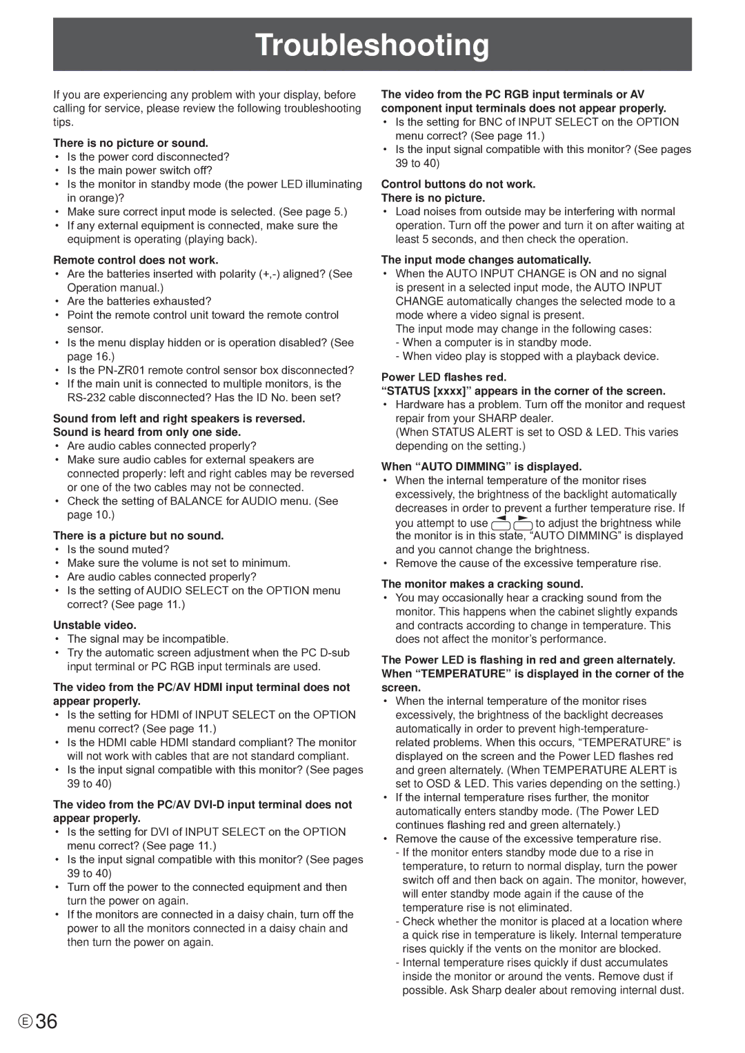 Sharp PN-V601 manual Troubleshooting 