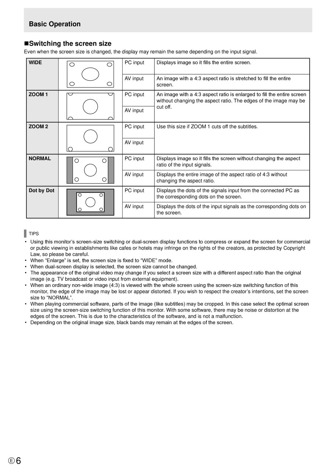 Sharp PN-V601 manual Basic Operation NSwitching the screen size, Wide Zoom Normal, Dot by Dot, Cut off 