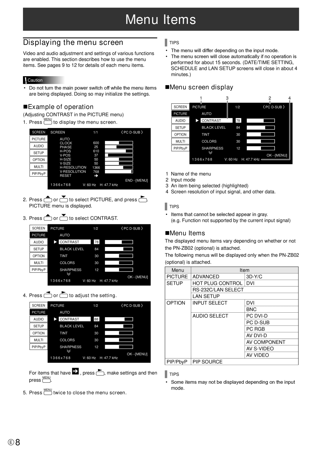 Sharp PN-V601 manual Displaying the menu screen, NExample of operation, NMenu screen display, NMenu Items 