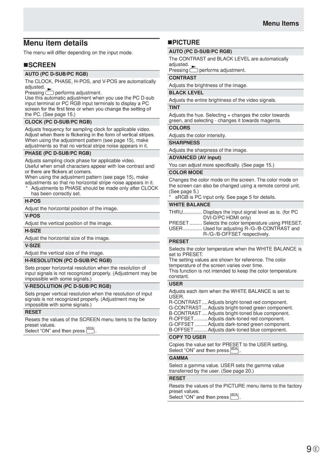 Sharp PN-V601 manual Menu item details, Nscreen, Menu Items NPICTURE 