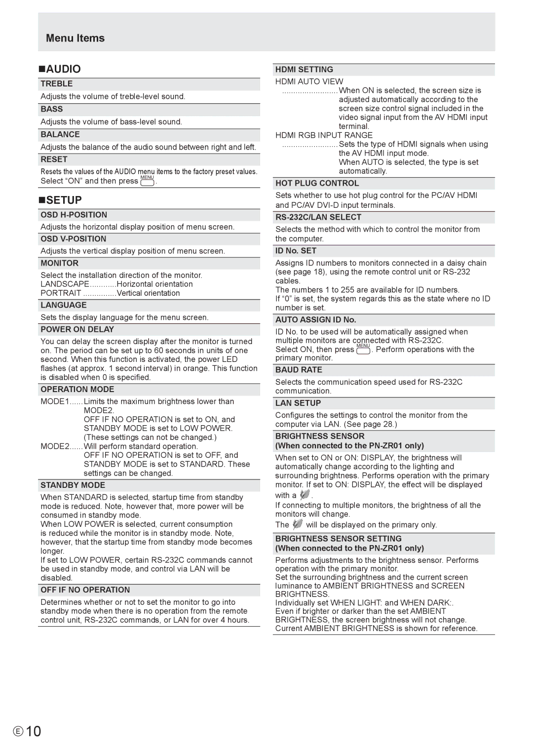 Sharp PN-V601 manual Menu Items NAUDIO, Nsetup 