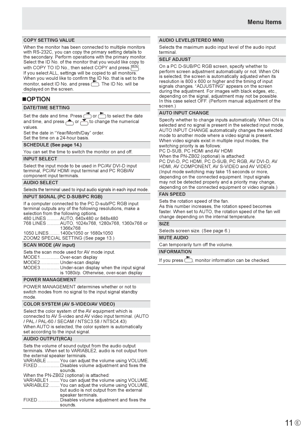 Sharp PN-V601 manual 11 E, Noption, Menu Items 