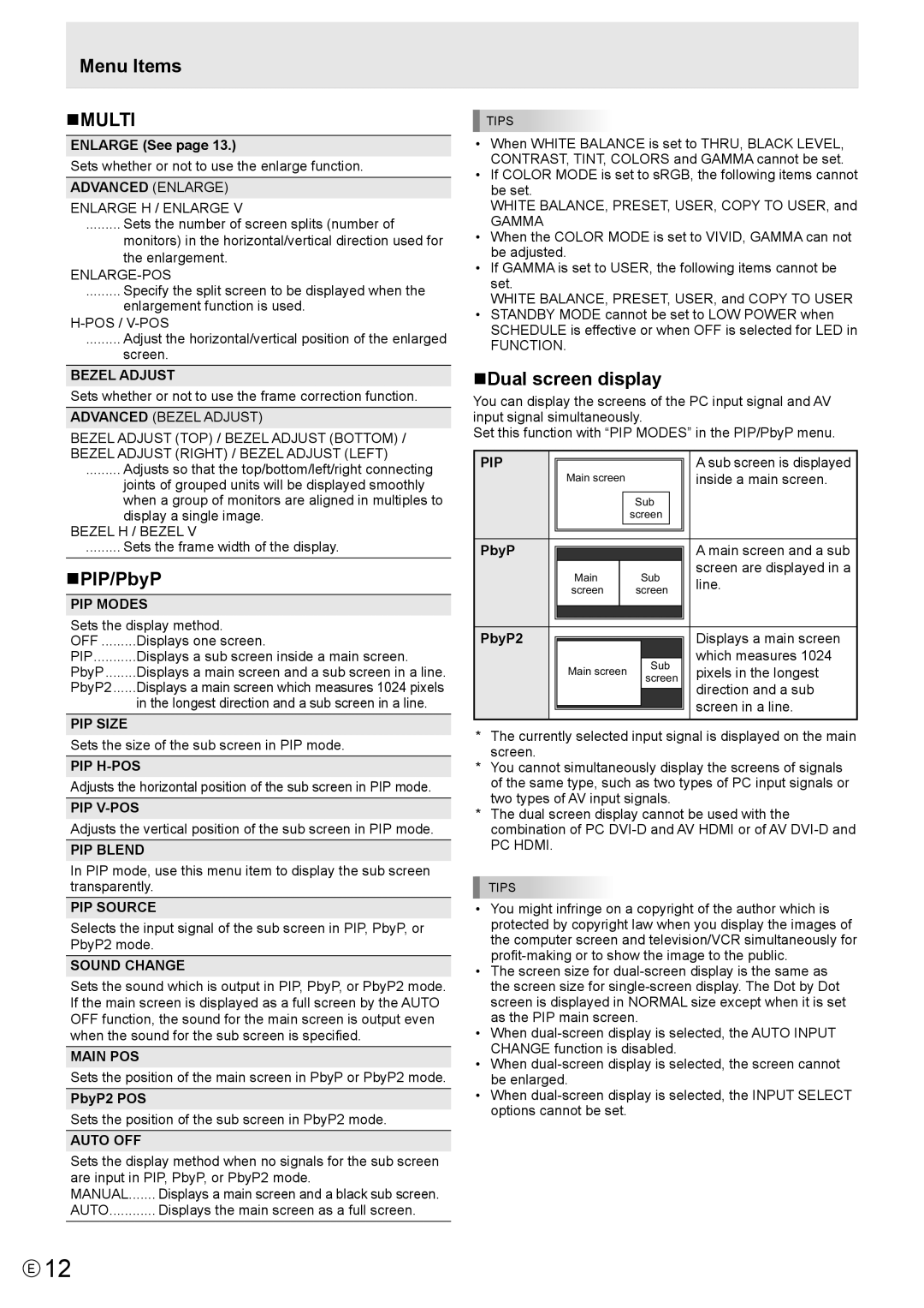 Sharp PN-V601 manual Menu Items NMULTI, NPIP/PbyP, NDual screen display 