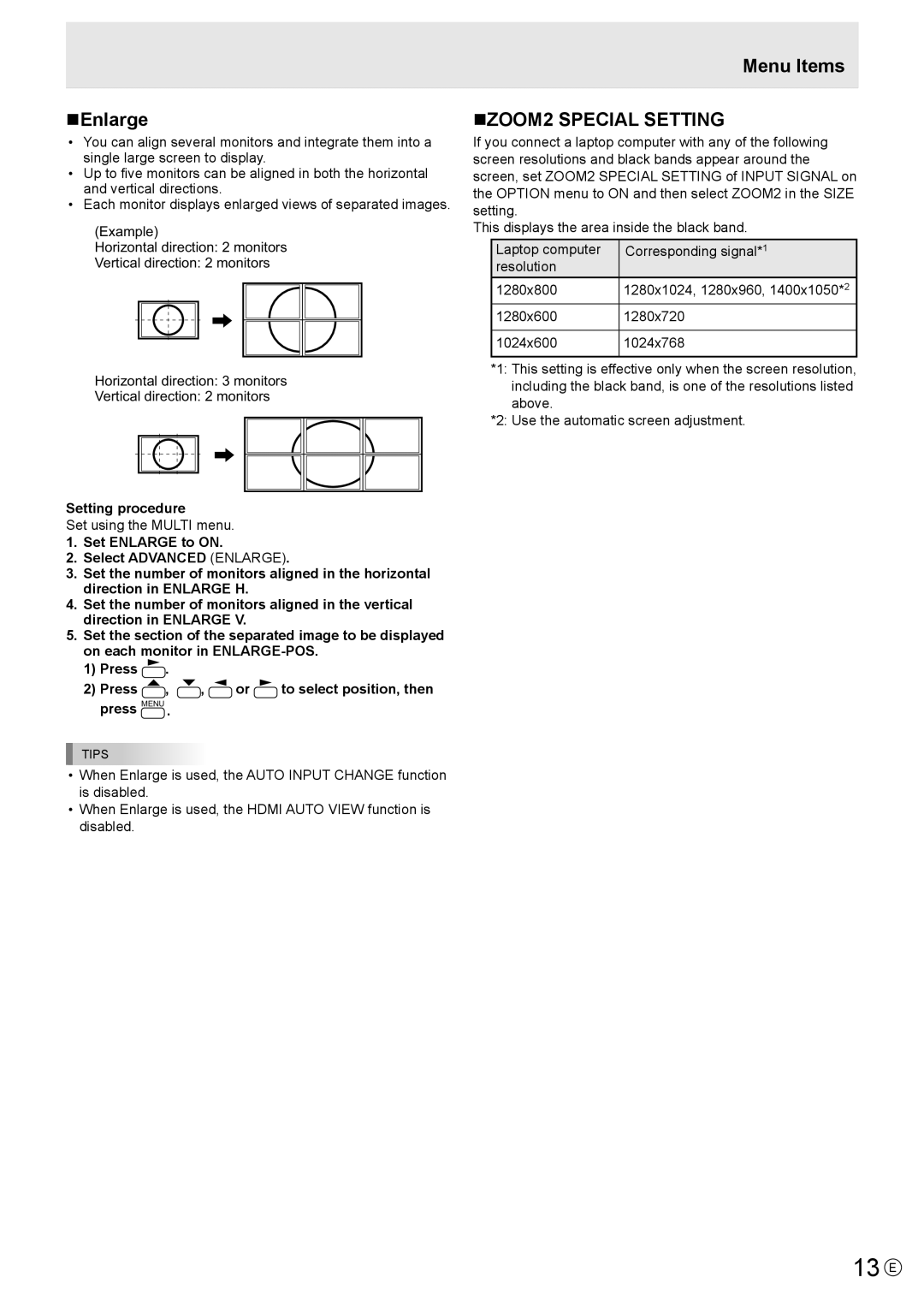 Sharp PN-V601 manual 13 E, NEnlarge, Menu Items NZOOM2 Special Setting, Setting procedure, Set using the Multi menu 