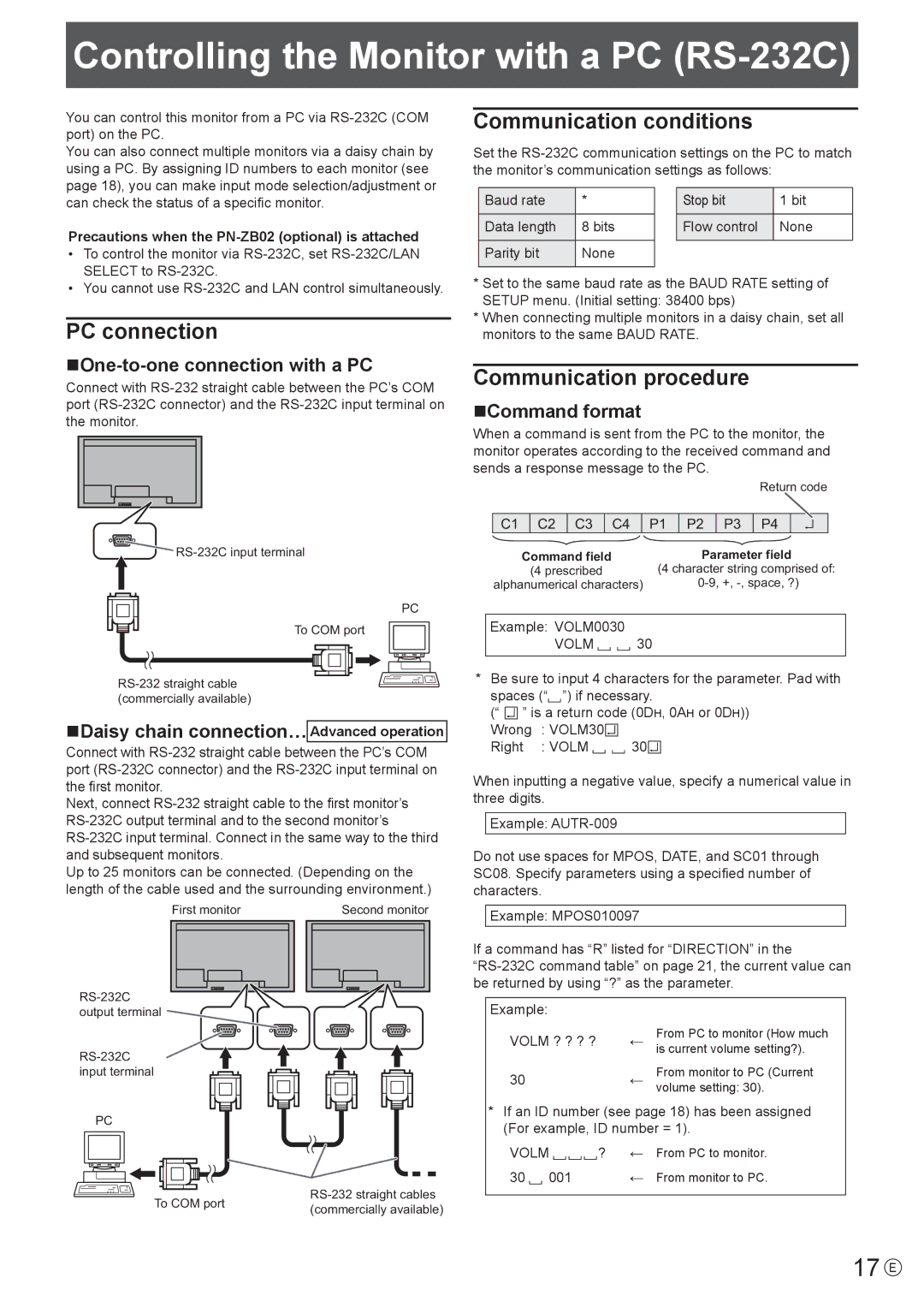 Sharp PN-V601 manual Controlling the Monitor with a PC RS-232C, 17 E, PC connection, Communication conditions 