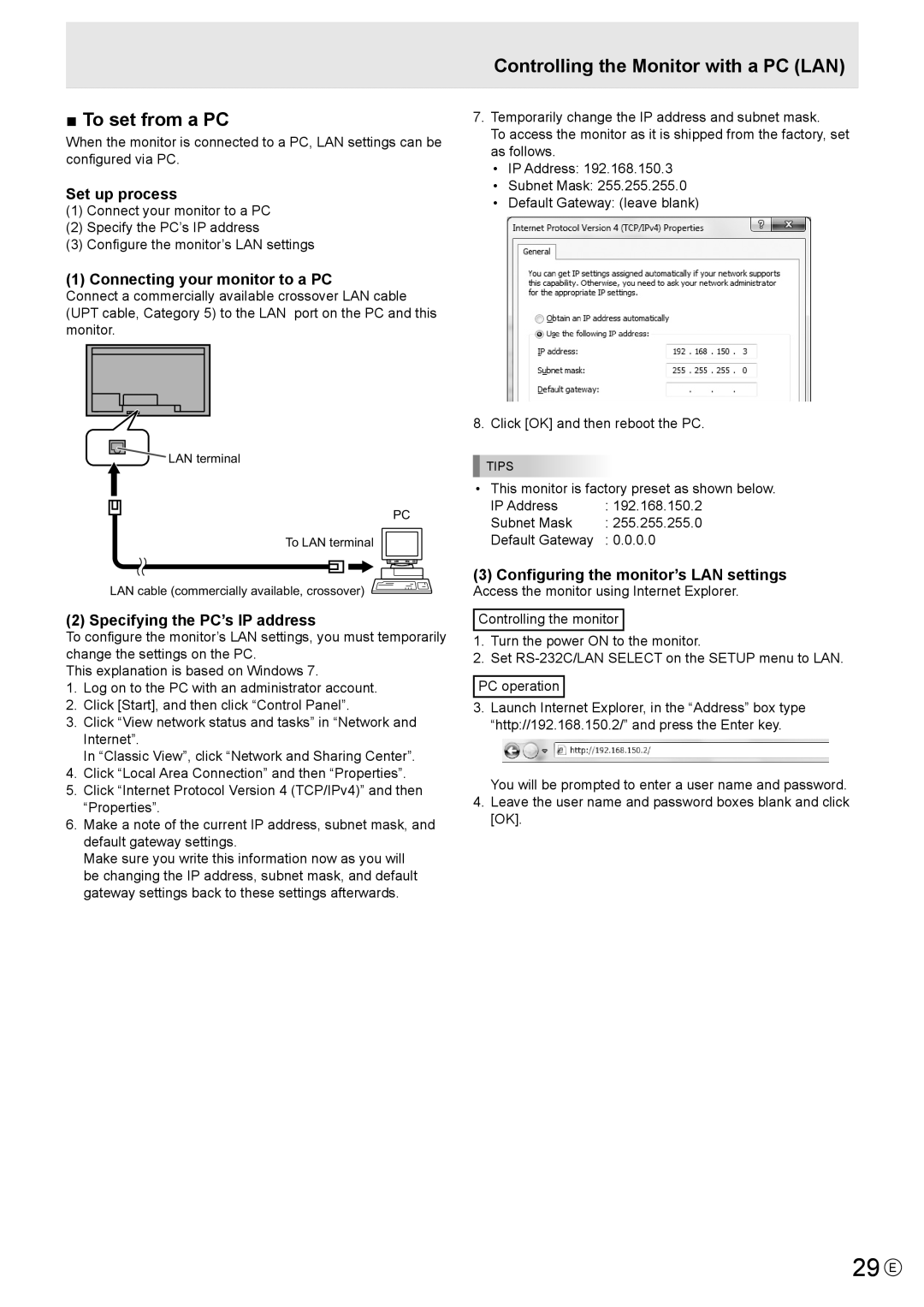 Sharp PN-V601 manual 29 E, To set from a PC, Controlling the Monitor with a PC LAN, Default Gateway 0.0 