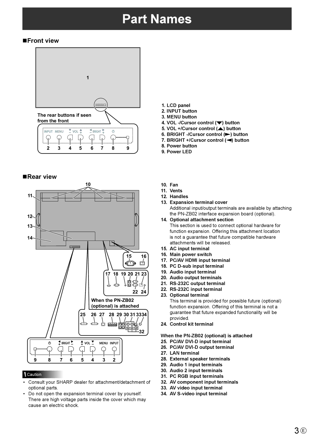 Sharp PN-V601 manual Part Names, NFront view, NRear view 