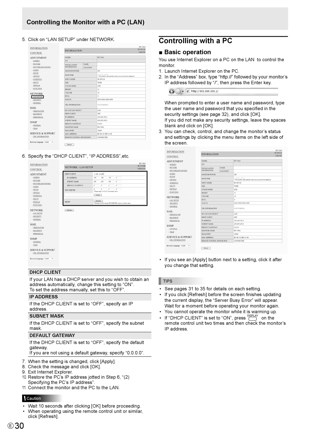 Sharp PN-V601 manual Controlling with a PC, Basic operation, If the Dhcp Client is set to OFF, specify an IP address 