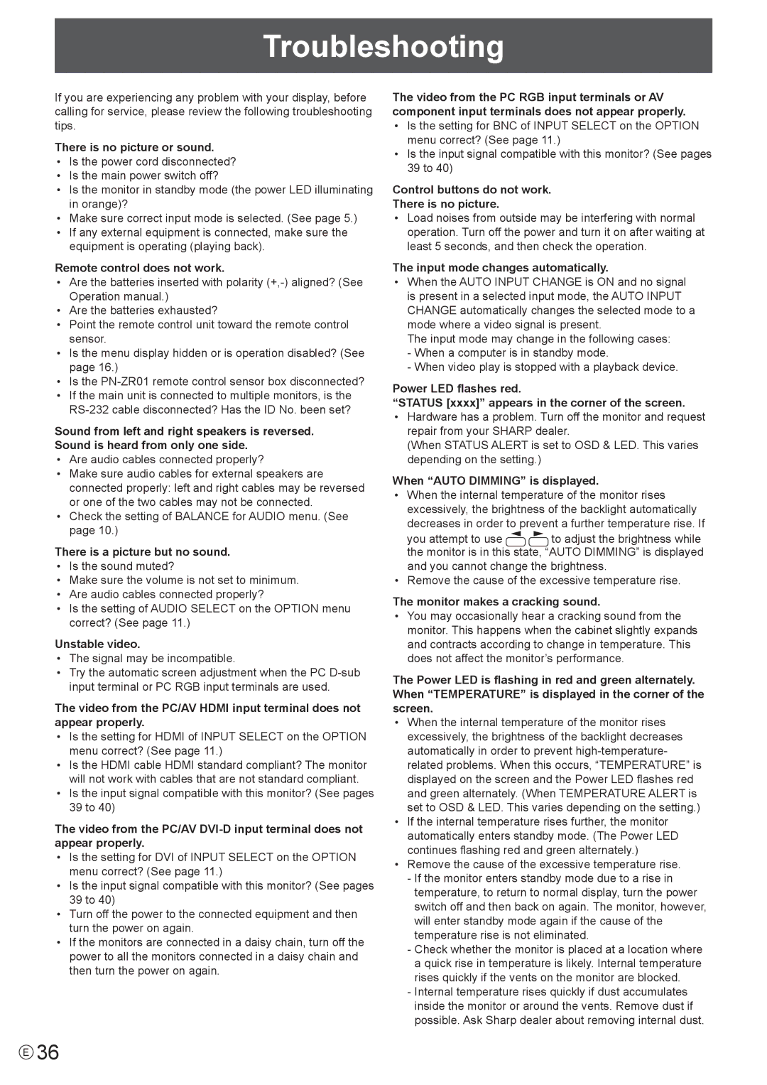 Sharp PN-V601 manual Troubleshooting 