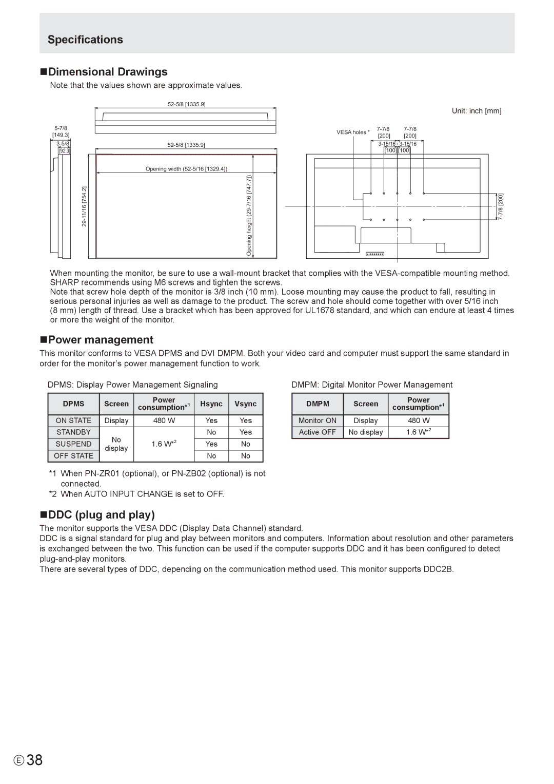 Sharp PN-V601 manual Specifications NDimensional Drawings, NPower management, NDDC plug and play 