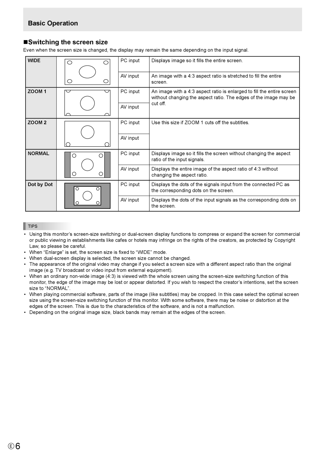 Sharp PN-V601 manual Basic Operation NSwitching the screen size, Wide Zoom Normal, Dot by Dot, Cut off 