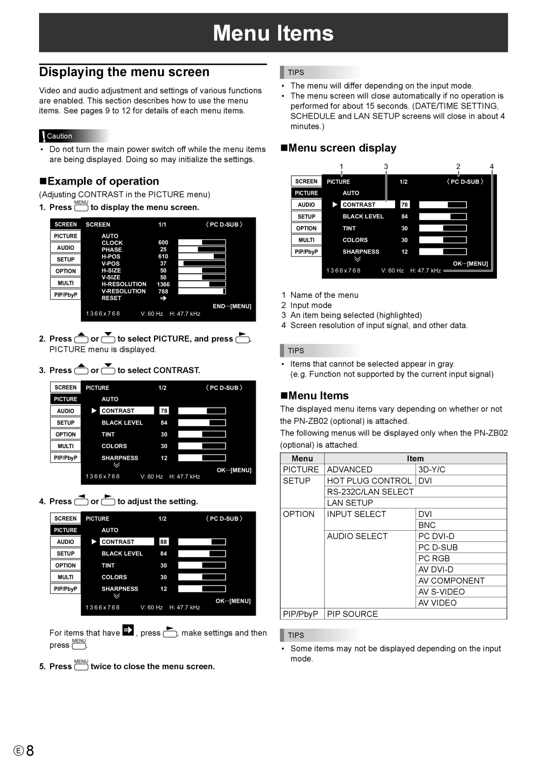 Sharp PN-V601 manual Displaying the menu screen, NExample of operation, NMenu screen display, NMenu Items 