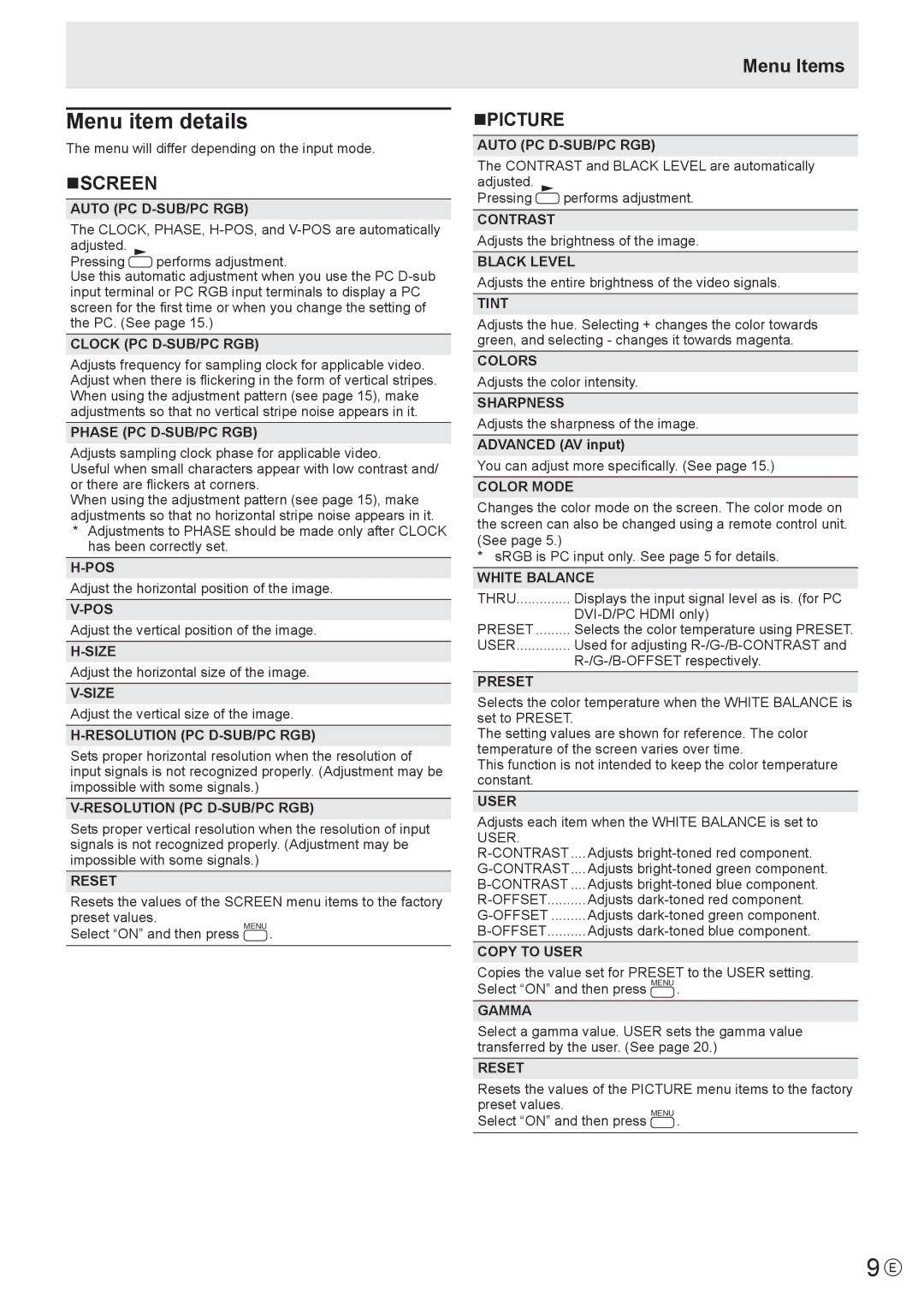 Sharp PN-V601 manual Menu item details, Nscreen, Menu Items NPICTURE 