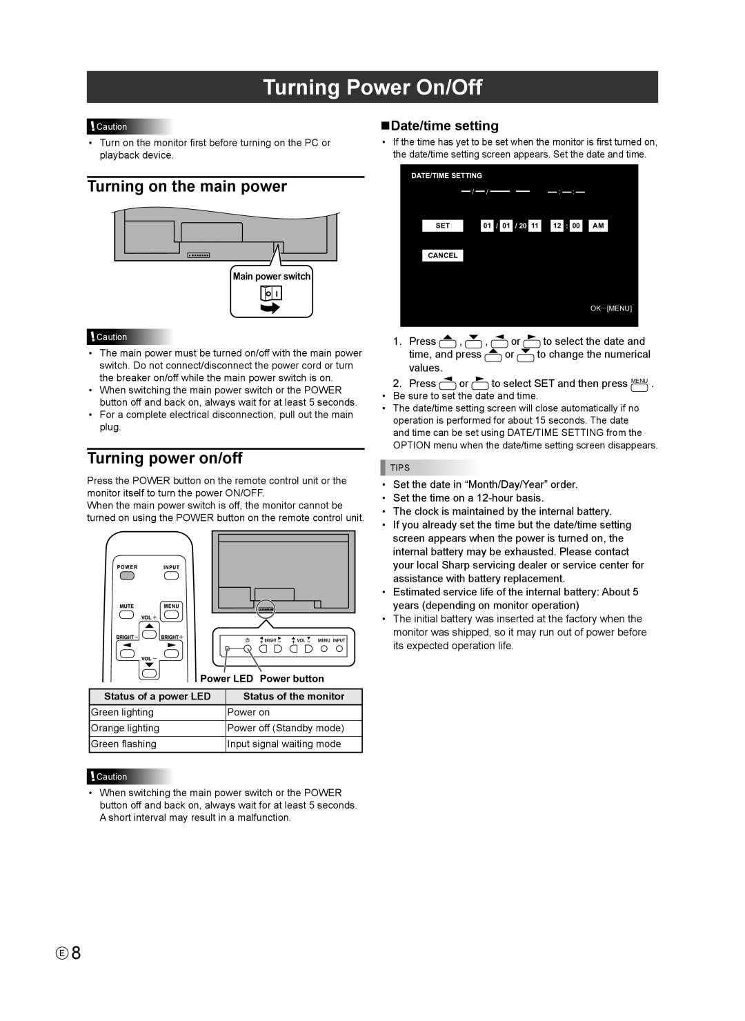 Sharp PN-V602 installation manual Turning Power On/Off, Turning on the main power, Turning power on/off, NDate/time setting 