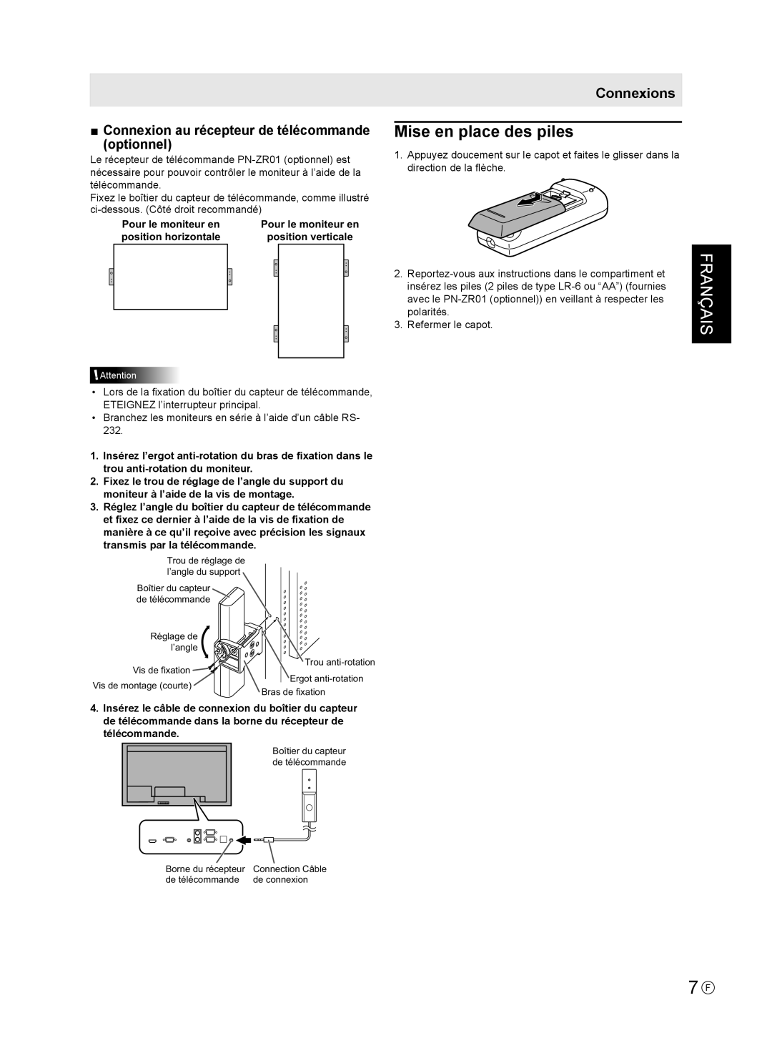 Sharp PN-V602 installation manual Mise en place des piles, Connexion au récepteur de télécommande optionnel 