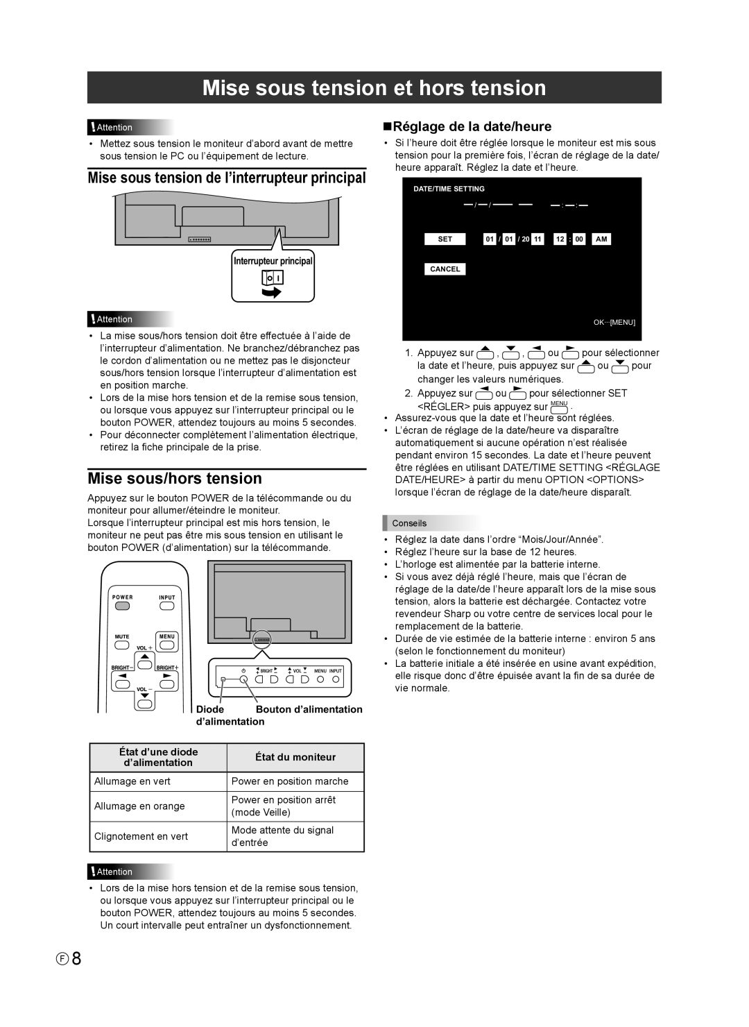 Sharp PN-V602 installation manual Mise sous tension et hors tension, Mise sous/hors tension, NRéglage de la date/heure 