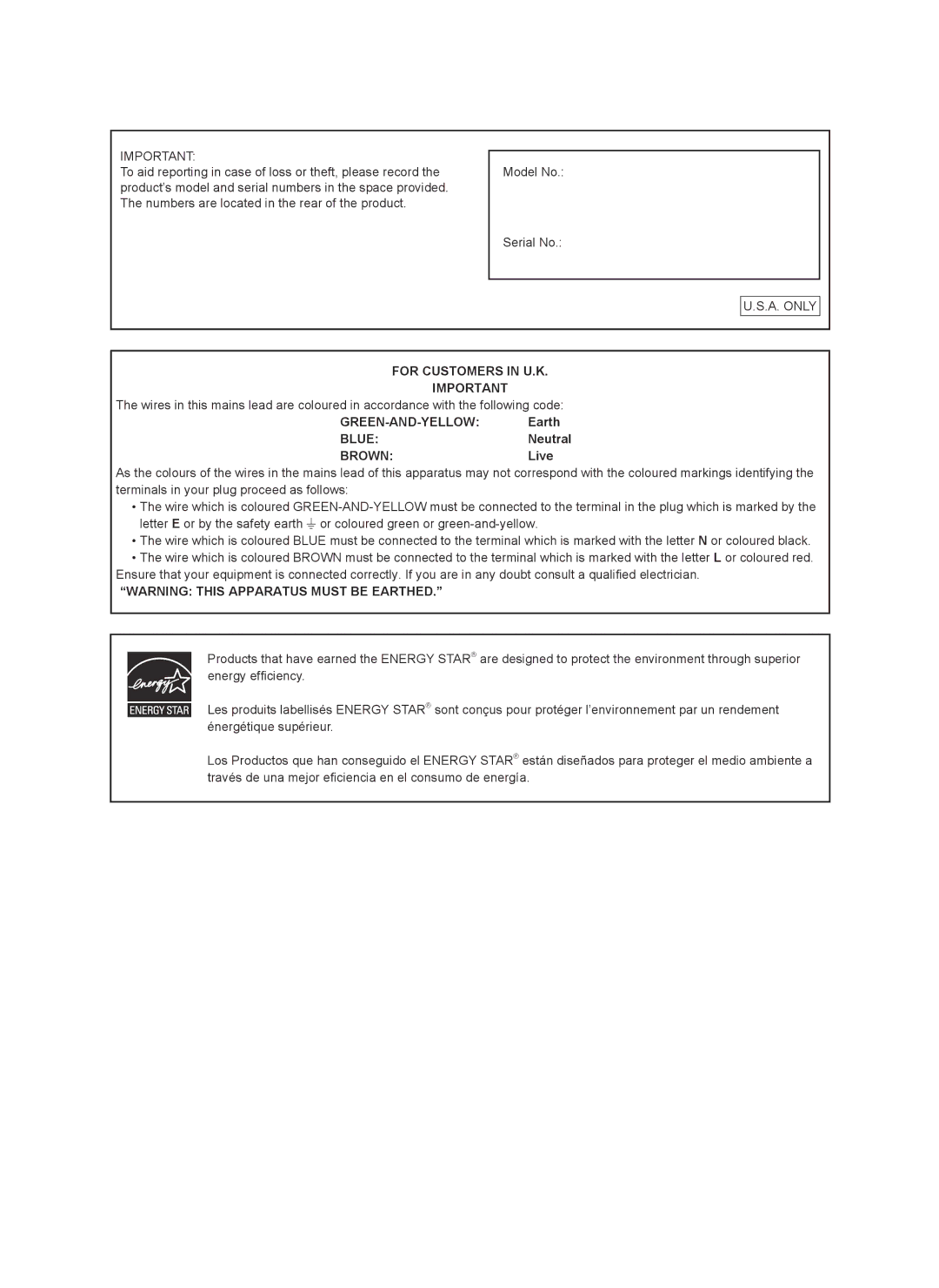 Sharp PN-V602 installation manual Earth, Neutral, Live 