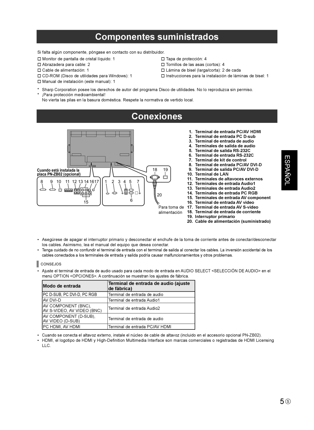 Sharp PN-V602 installation manual Componentes suministrados, Conexiones 