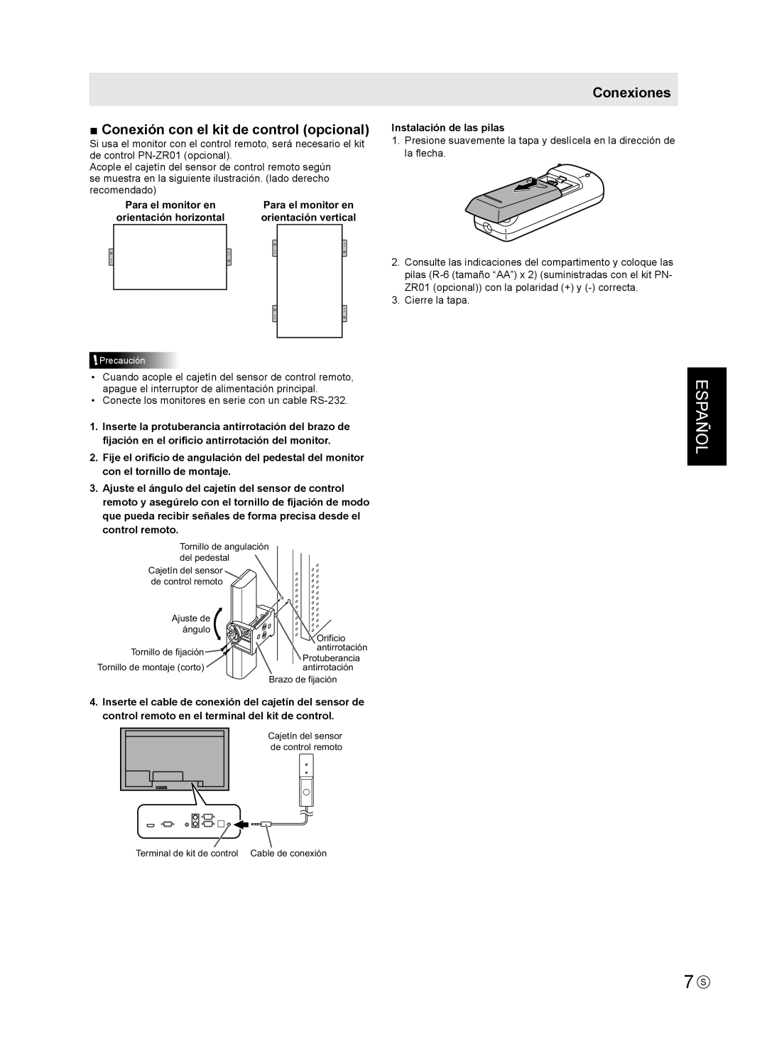 Sharp PN-V602 installation manual Conexión con el kit de control opcional, Instalación de las pilas 