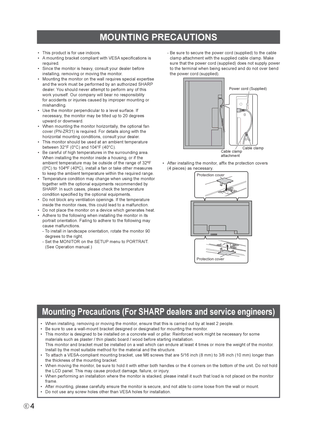 Sharp PN-V602 installation manual Mounting Precautions 