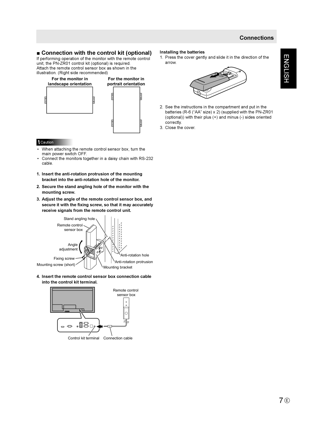 Sharp PN-V602 Connection with the control kit optional, For the monitor Landscape orientation Portrait orientation 