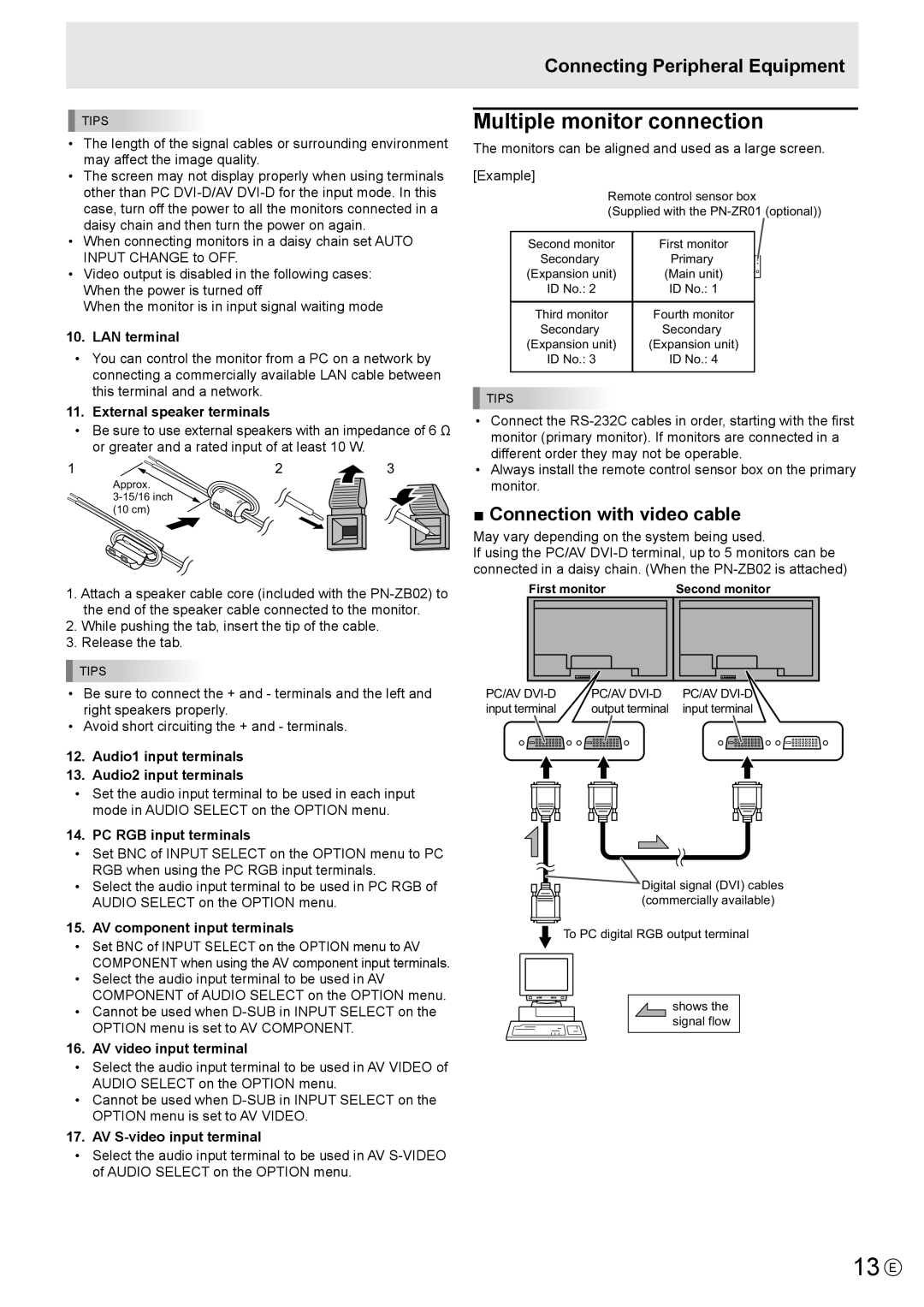 Sharp PN-V602 13 E, Multiple monitor connection, Connecting Peripheral Equipment, Connection with video cable 