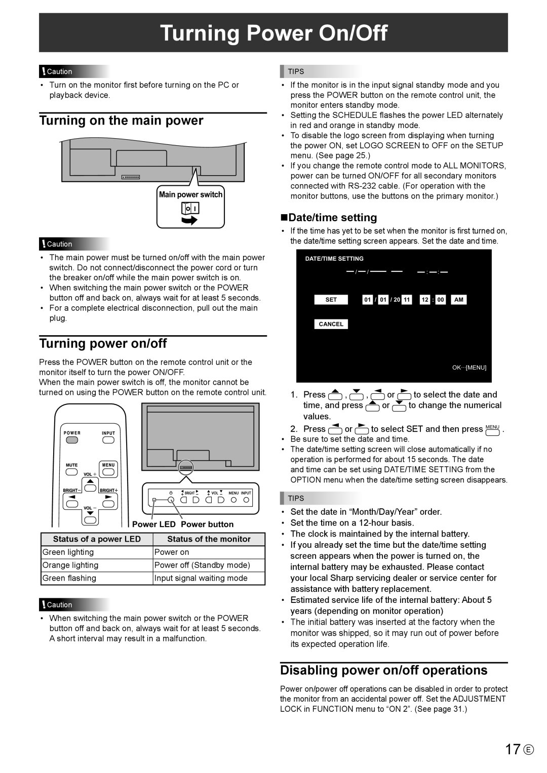 Sharp PN-V602 operation manual Turning Power On/Off, 17 E, Turning on the main power, Turning power on/off 