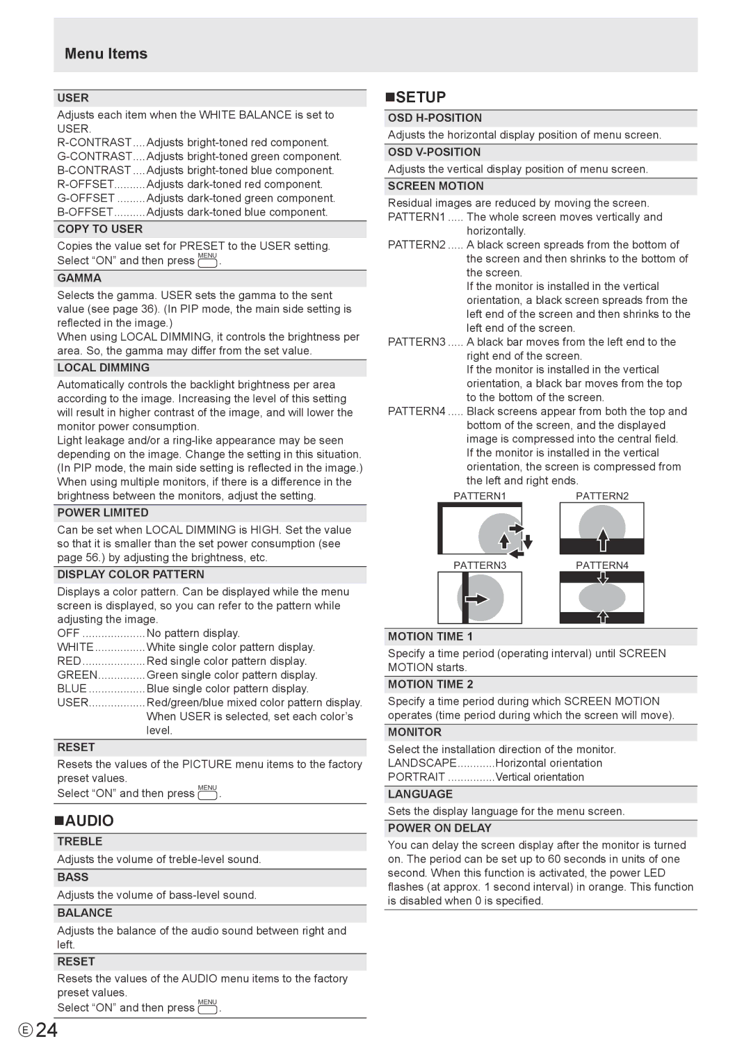 Sharp PN-V602 operation manual Menu Items, Naudio, Nsetup 