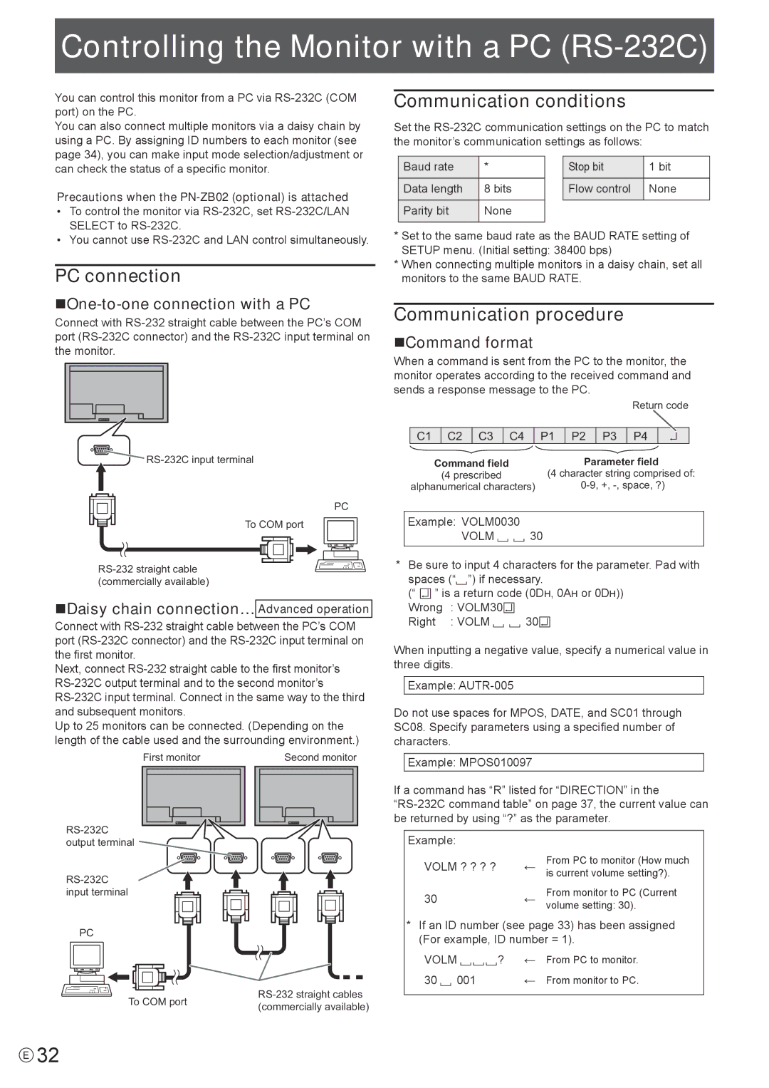 Sharp PN-V602 Controlling the Monitor with a PC RS-232C, PC connection, Communication conditions, Communication procedure 