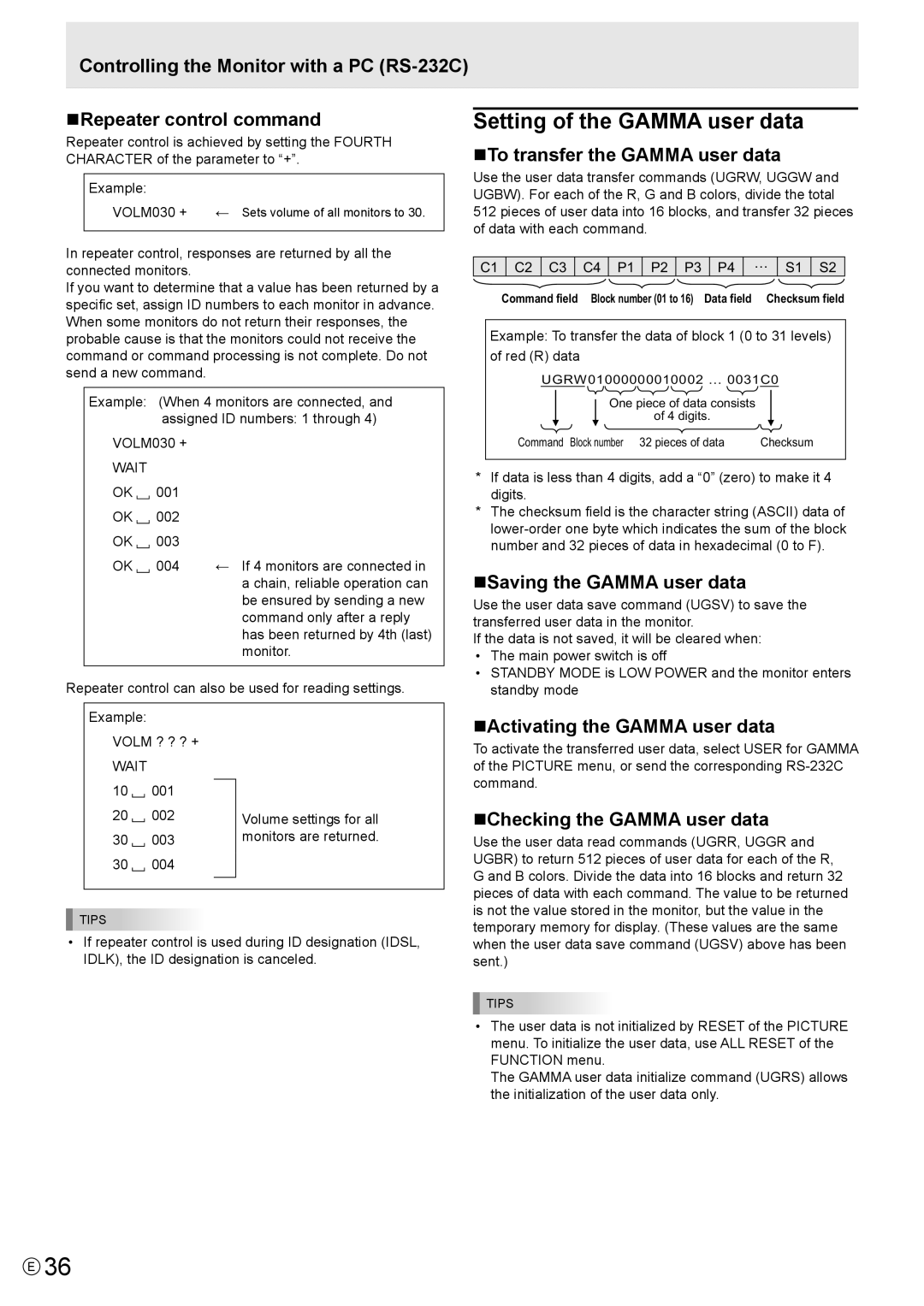 Sharp PN-V602 Setting of the Gamma user data, NTo transfer the Gamma user data, NSaving the Gamma user data 