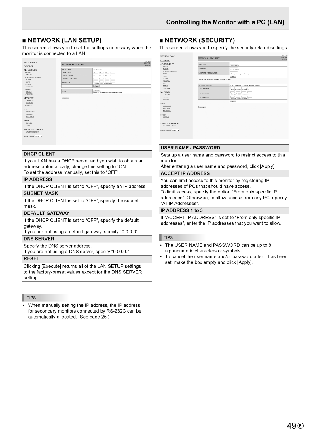 Sharp PN-V602 operation manual 49 E, DNS Server, User Name / Password, Accept IP Address, IP Address 1 to 