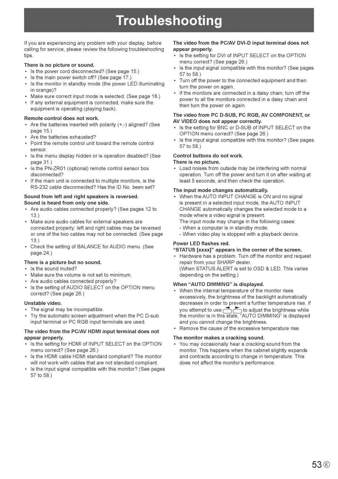 Sharp PN-V602 operation manual Troubleshooting, 53 E 