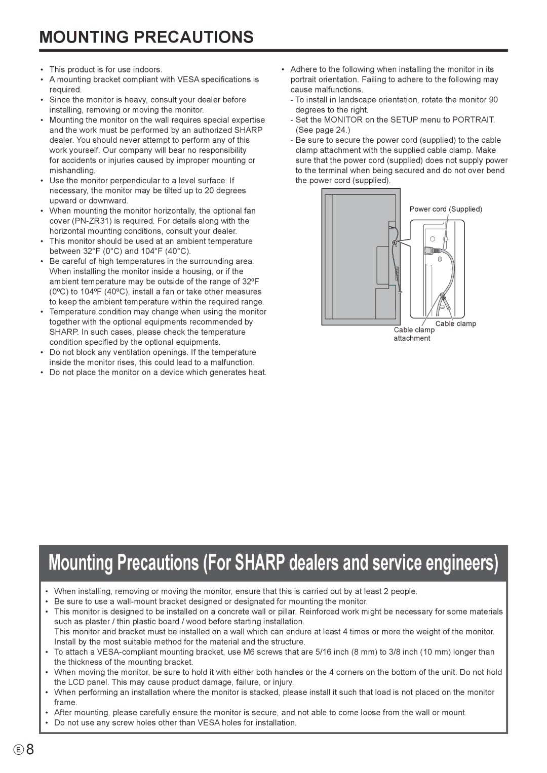 Sharp PN-V602 operation manual Mounting Precautions 