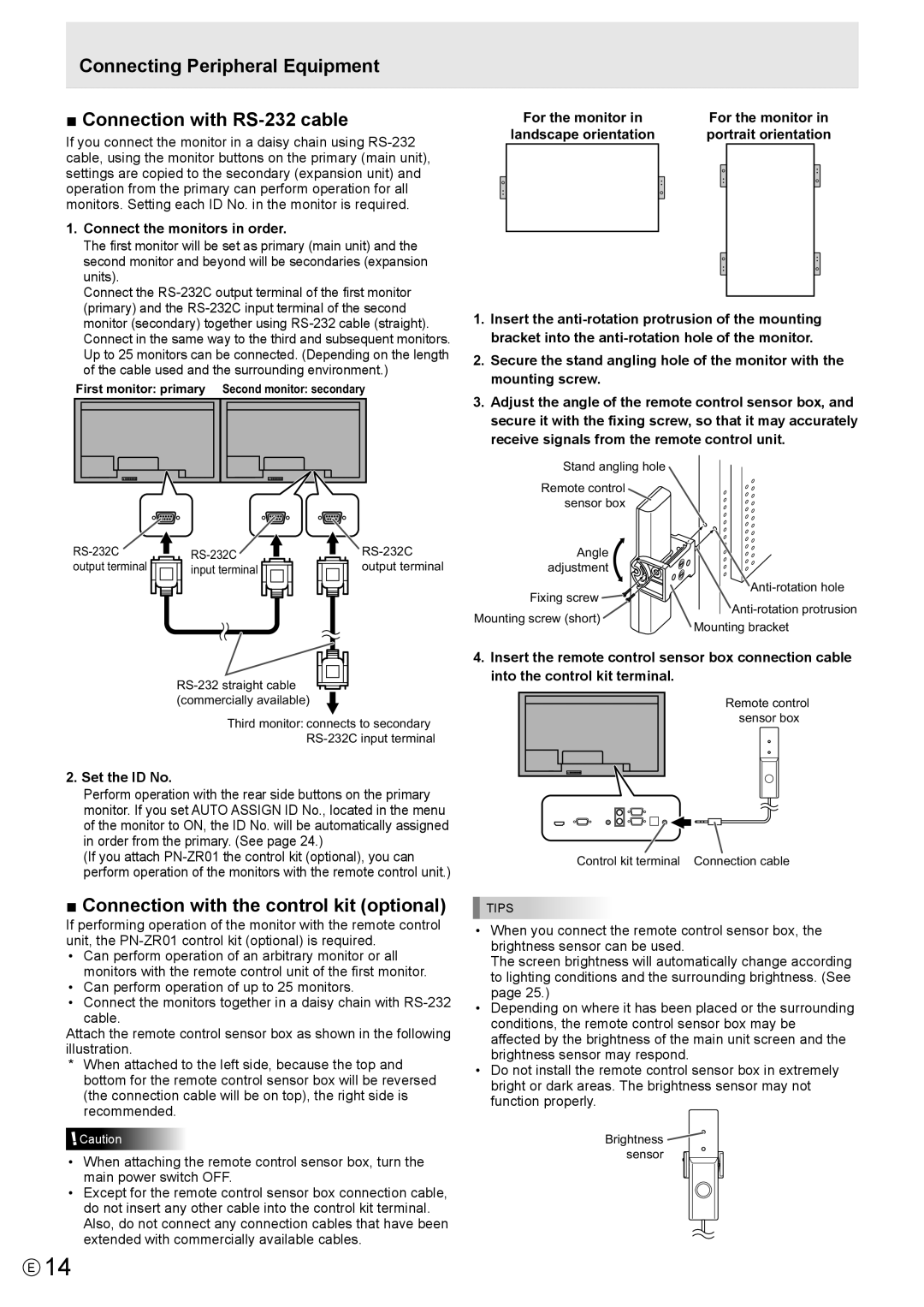 Sharp PN-V602 operation manual Connection with the control kit optional, Connect the monitors in order, Set the ID No 