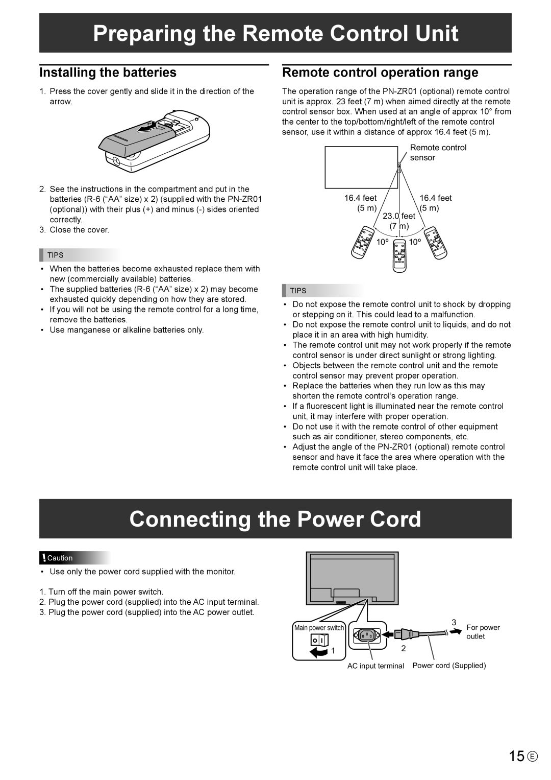Sharp PN-V602 operation manual Preparing the Remote Control Unit, Connecting the Power Cord, 15 E, Installing the batteries 