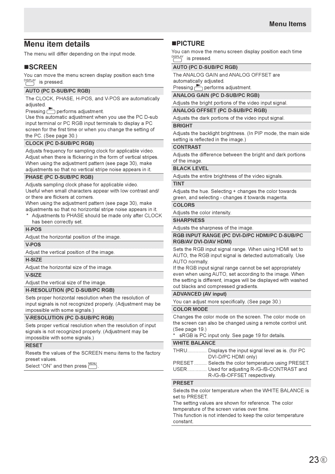 Sharp PN-V602 operation manual 23 E, Menu item details, Nscreen, Menu Items NPICTURE 