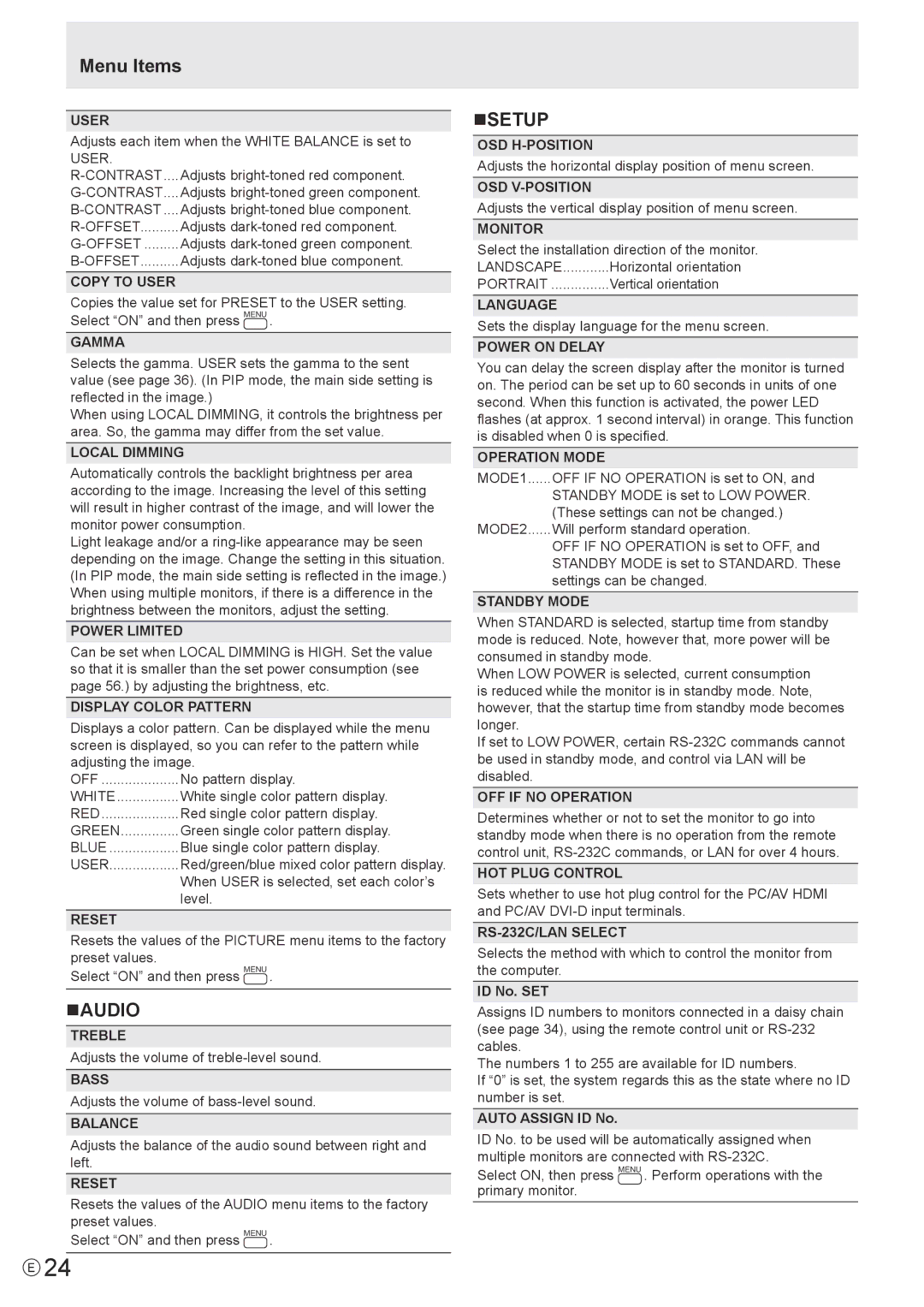 Sharp PN-V602 operation manual Menu Items, Naudio, Nsetup 