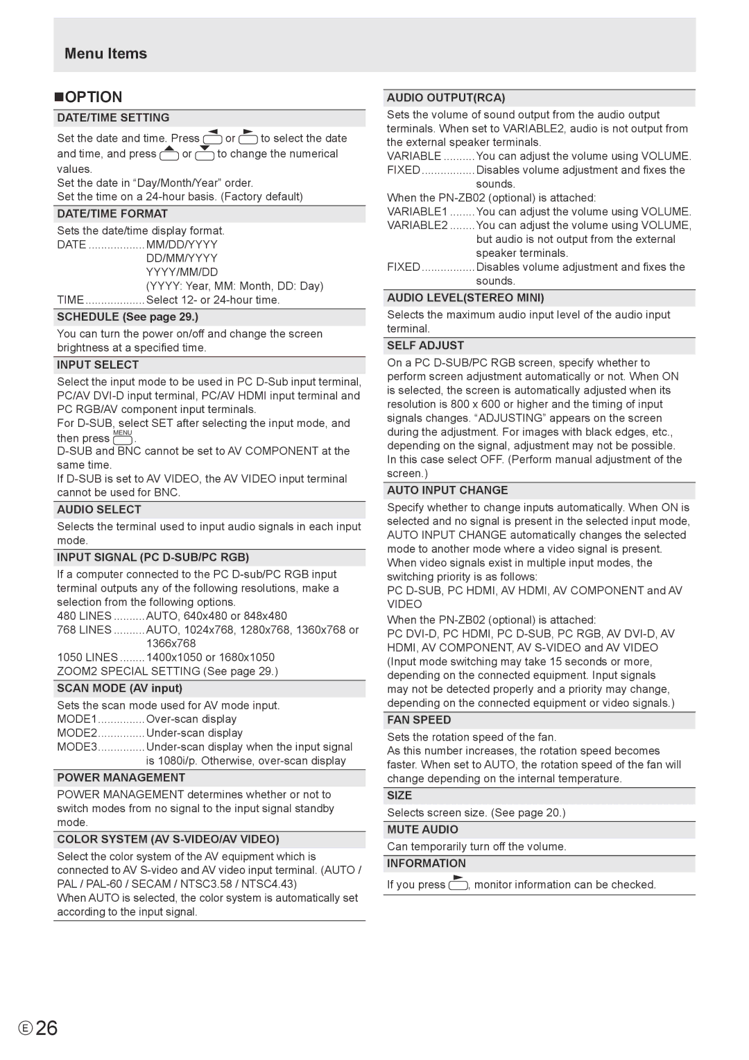 Sharp PN-V602 operation manual Menu Items NOPTION 