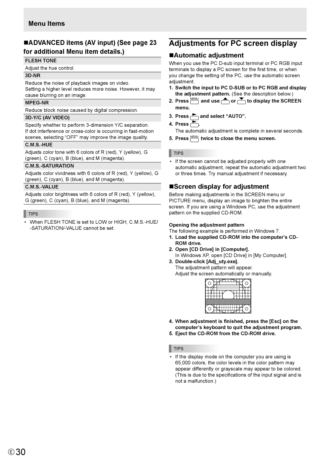 Sharp PN-V602 operation manual Adjustments for PC screen display, NAutomatic adjustment, NScreen display for adjustment 