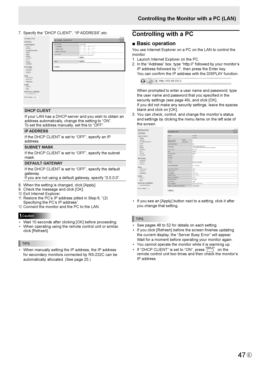 Sharp PN-V602 operation manual 47 E, Controlling with a PC, Controlling the Monitor with a PC LAN 