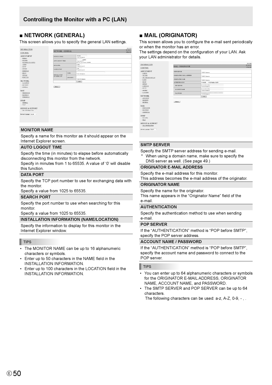 Sharp PN-V602 Monitor Name, Auto Logout Time, Data Port, Search Port, Installation Information NAME/LOCATION, Smtp Server 