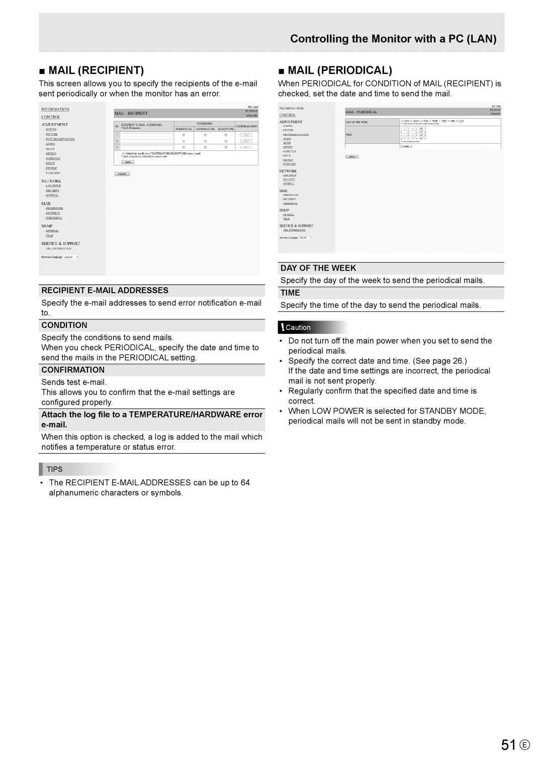 Sharp PN-V602 operation manual 51 E, Recipient E-MAIL Addresses, Condition, Confirmation, Time 